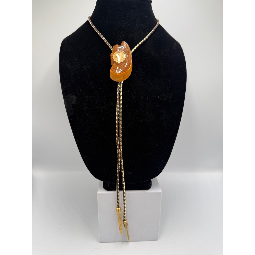 Vintage Dennis Dahl 1996 Wood Bolo Tie 1907 Indian Head Penny Gold Feather Tips